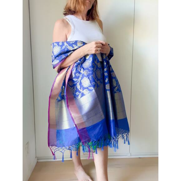 Duppotta Silk Scarf Blue /Purple tassel Trim Ethnic Accessories Wraps Formals - Picture 4 of 10